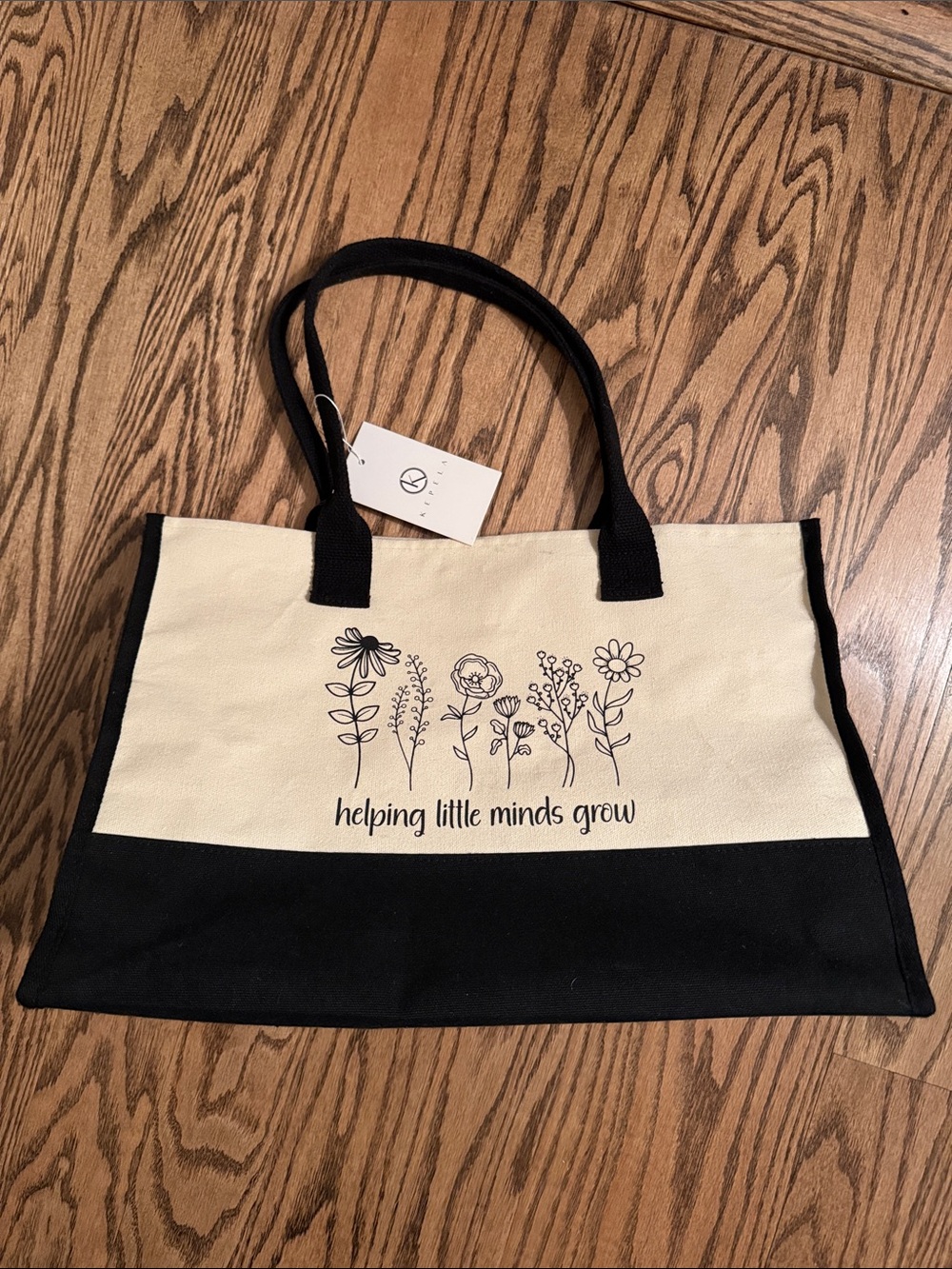 Canvas Teacher Tote Bag in Cream and Black - Helping Little Minds Grow